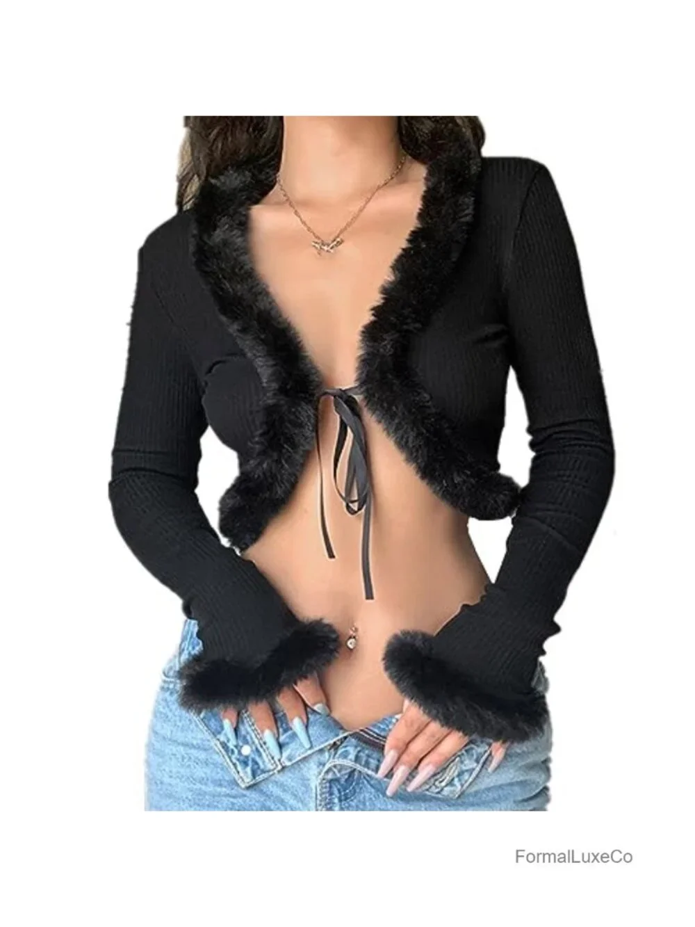 Women's Feather Trim Long Sleeve Cardigan Crop Top Rave Festival Clubwear